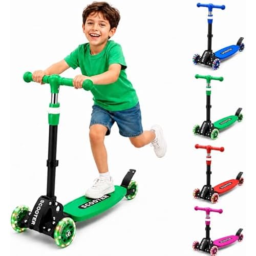 Kids Kick Scooter, Kick Scooter for Kids 2-7 Age, Light up 3 Wheels Kick Scooter, Heavy Duty Folding Lean-to-Steer Scooters with 3 Adjustable Handlebar for Boys Girls Blue