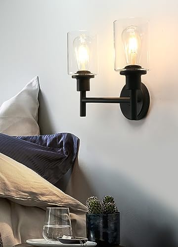 Phansthy Retro Style Dual Head Wall Lights Industrial Glass Shade Double Head Vintage Wall Sconces Indoor Light for Loft Bar Kitchen Lamp Bedroom Vanity Mirror E27 (Black)