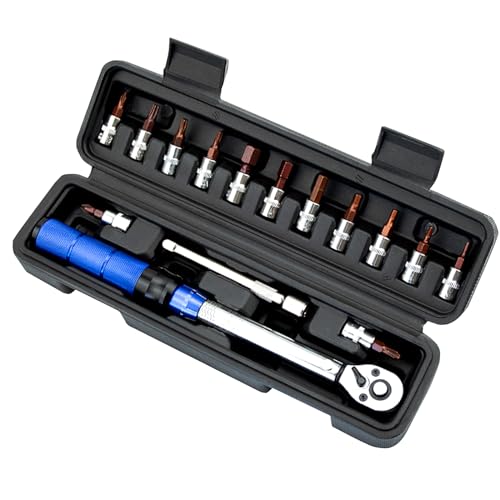 HOUSLUX Drehmomentschlüssel Fahrrad Drehmomentschlüssel Auto klein Set 16-TLG 1/4 Zoll - 2 bis 24 Nm - Set mit Steckschlüsselsatz (Blau)
