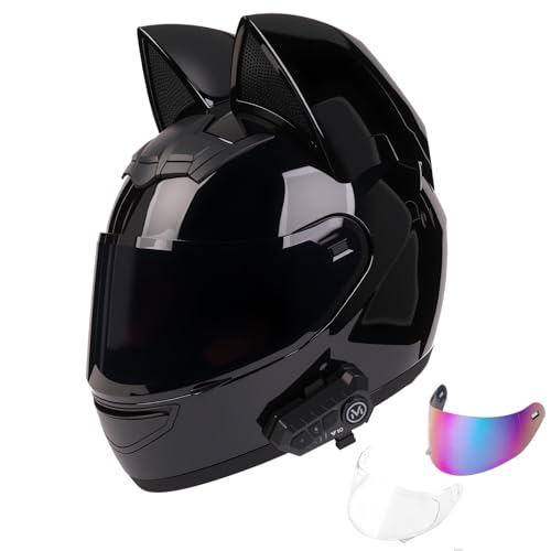 Bluetooth Motorcycle Cat Ear Helmets ,Men Women Moped Scooter Dirtbike ATV Full Face Motorbike Adult Helmet DOT Approved, Built-in Dual Speaker with Microphone (Black, Large)