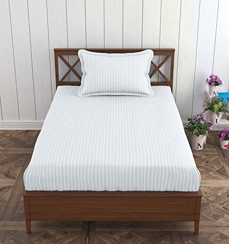 Image of Trance Home Linen Cotton 300TC Satin Stripe Single Fitted Bed Sheet with 1 Pillow Cover (78 x 36 inch, White)
