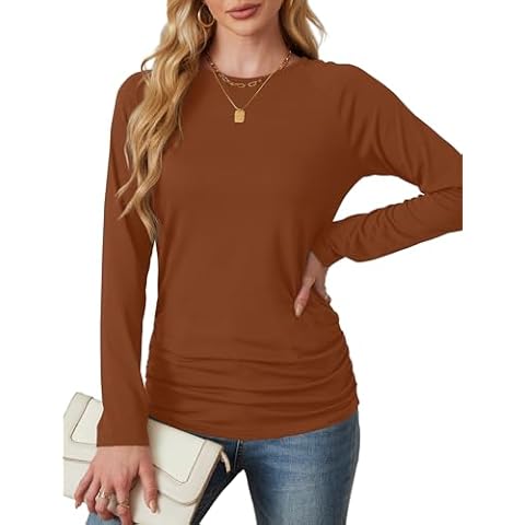 Saloogoe Long Sleeve Tops for Women Caramel Trendy 2024 Fall Fashion Casual Basic Tunics Caramel S Cover