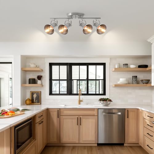 Image of 4-Light Track Lighting Fixtures Ceiling, Industrial Modern Kitchen Track Lighting, Nickel Directional Ceiling Light, for Kitchen Island, Dining Room, Living Room
