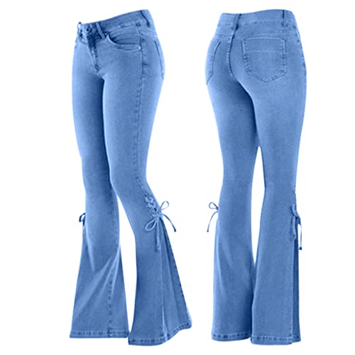 Uillui Lace-up Bell Bottom Jean Pants for Women Mid Waisted Flare Jeans Plus Size Wide Leg Slim Bootcut Denim Pants Trousers2