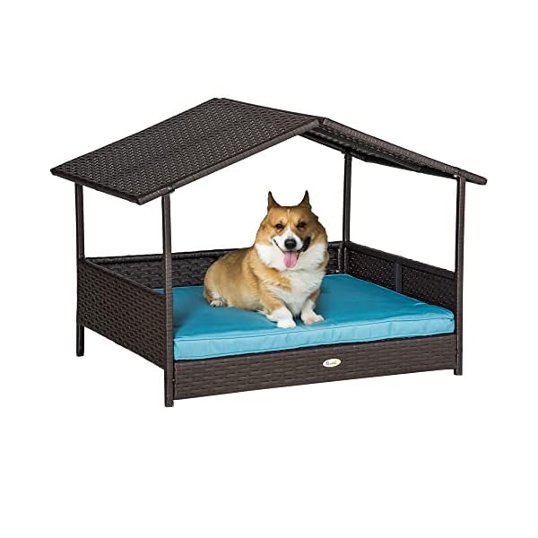 PawHut Elevated Rattan Dog Bed Pet Home Indoor Outdoor Wicker Dog Cot Dog House Pet Furniture Sofa Bed with Padded Cushion and Roof Shelter Blue PawHut Elevated Rattan Dog Bed Pet Home Indoor Outdoor Wicker Dog Cot Dog House Pet Furniture Sofa Bed with Padded Cushion and Roof Shelter Blue