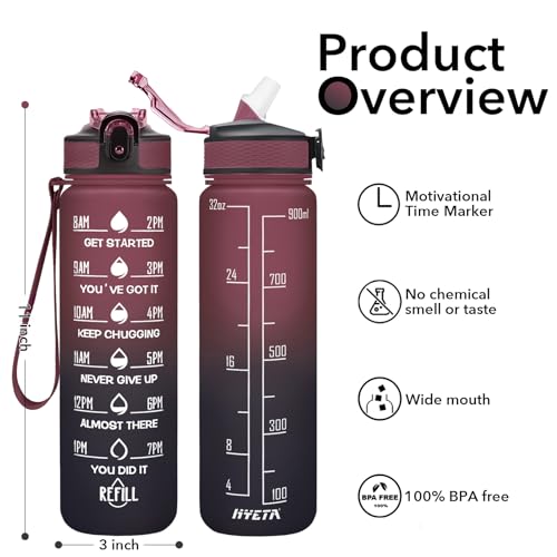 Image of HYETA 32 oz Water Bottles with Times to Drink and Straw, Motivational Water Bottle with Time Marker, Leakproof & BPA Free, Drinking Sports Water Bottle for Fitness, Gym & Outdoor, Red-Blue
