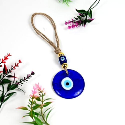 Image of Handmade Turkish Evil Eye Hanging with Beads for Decoration of Home Shop Office Garden and Car (Golden Blue)