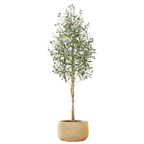 Garvee 180cm Artificial Olive Tree Faux Plant with Natural Wood Trunks 1152 UV-Resistant Silk Leaves White Ceramic Pot with Weighted Base Farmhouse Floor Decor for Living Room Entryway Office