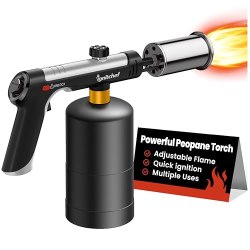 IgnitChef Propane Torch Gun with One-Touch Max Fire, Kitchen Blow Torch with a Safety Lock for Sous Vide Searing Steak, Grill, Charcoal Starter, Campfire(Propane Tank Not Included)