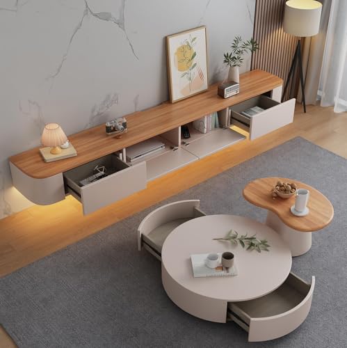 Image of Floating TV Stand Wall Mounted - Wall Entertainment Center with Flip-Down Doors & Drawers, Modern Hanging TV Shelf for Living Room, Media Console for 65 /75 80 Inch TVs (White+Wood- B, 86.6IN /220CM)