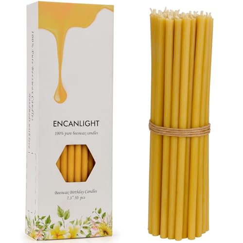 Natural Beeswax Meditation Candles 7 inch, Pure Bee Waxs Prayer Candle 50pcs - 40min Burn Time - Dripless and Smokeless for Prayer, Church, Hanukkah, Christmas, Birthday, Yoga