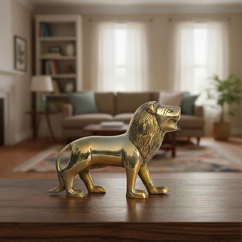 Image of Brass Lion Statue | Weight - 752 G (Approx) | Size-5 Inch Approx | Vastu Remedy | Zonal Placement -North-North-East | Lion Statue for Home Decor | Showpiece
