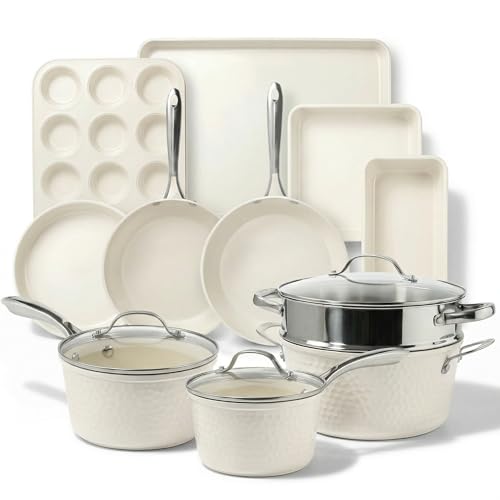 Gotham Steel Hammered 15Pcs Ceramic Cookware Set Nonstick, Induction Pots and Pans Set Non Stick with Bakeware Set & Steamer for Cooking, Non Toxic PFOA PFOS Free, Oven & Dishwasher Safe, Cream White by GOTHAM STEEL - Used condition - US$121.89