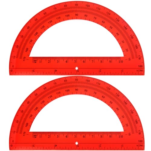 EBOOT Plastic Protractor Math Protractors 180 Degrees, 6 Inch, Pack of 2 (Red)
