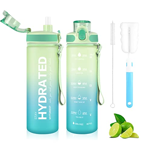 MYFOREST Botella Tritan™ de 700 ml, boquilla grande para grandes sorbos/extraíble para beber pequeña, marcador de tiempo resistente a arañazos para hidratación motivadora, botella de agua sin BPA y