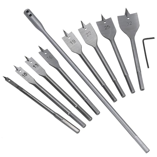10pc Flat Wood Spade Drill Hex Shank With Extension Bar 6-32mm TE687