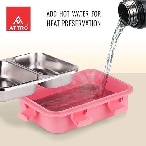 Image of ATTRO Duo Meal Stainless Steel Lunch Box with 2 Partition, Microwave Safe, Airtight Leakproof Silicone Seal Lid, BPA-Free Food Grade Tiffin Box for Office School Kids - 650ml - Pink