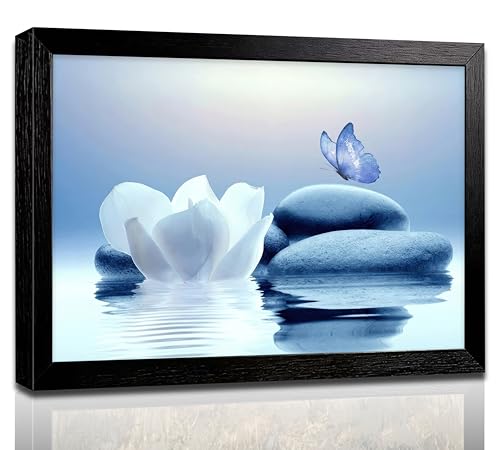 Framed Blue Tone White Lotus Zen Stone Wall Art, Serene Blue Butterfly Water Reflection Canvas Print, Calm Spa Decor for Living Room Bedroom Bathroom Yoga Meditation Room