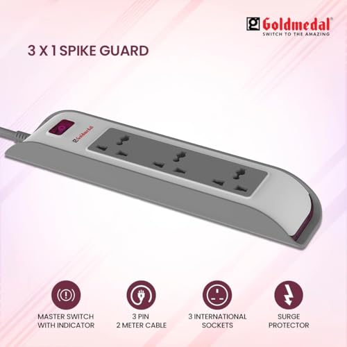 Image of Goldmedal Taco 3x1 Spike Guard, Colour: White & Grey, Max Load: 10A, Sockets: 3-pin International Sockets & a 2-Pin Socket