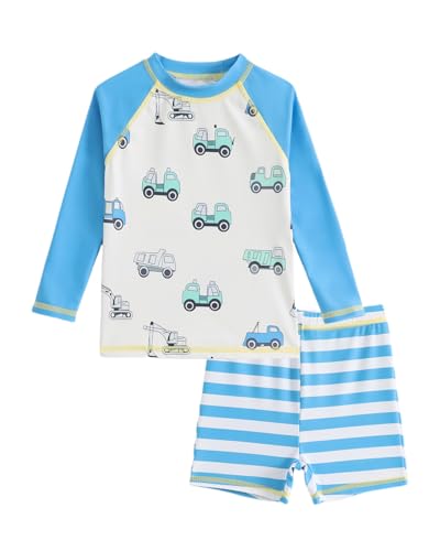FishingDino UV Badebekleidung Junge Set Gr 86-116, Langarm Schwimmanzug Kleinkind UPF 50+, Zweiteilig Badeshirt UV Kinder mit Badeshorts Jungen Badeanzug Baby, Blauer LKW 3-4 Jahre/98