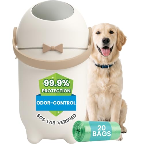 Image of iTouchless Odor-Block Dog Poop Can, 4 Gal Ag+ Silver Ion Trash Bin, Ivory | Easy One-Hand Disposal | Lightweight & Rust-Proof | Indoors & Outdoors | 20 Free Bags Incl | Pets & Cats Waste | Home, Patio
