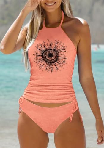 Image of Womens Two-Piece Tankini Set Cow Skull with Leopard Print Sets Swimwear Tankini Top Sets Swimwear