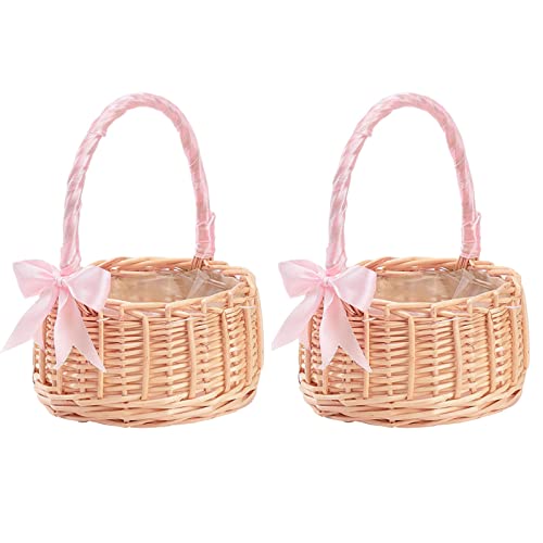 JYCRA 2PCS Pink Wedding Flower Girl Baskets,Wicker Picnic Basket with Handles & Liners, 17x22cm