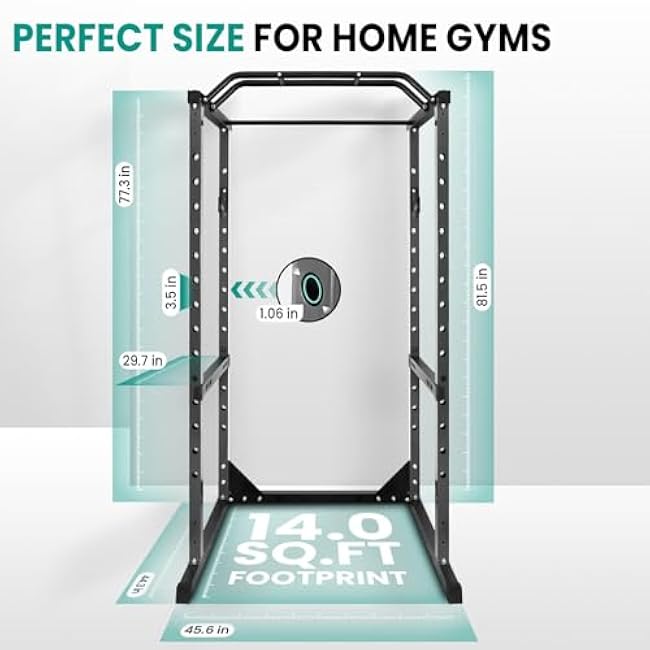 RQR Power Rack, Adjustable Squat and Bench Rack Combo for Home Gym, 1200 LBS Heavy-Duty Power Rack with Pull-Up Bar, 14-Position J-Hooks, Dip Bar & Landmine Attachment Compatible