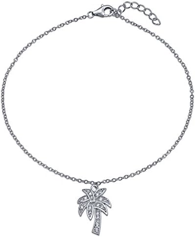 Bling Jewelry Nautical Pave Cubic Zirconia CZ Tropical Beach Vacation Palm Tree Anklet Ankle Bracelet For Women .925 Sterling Silver