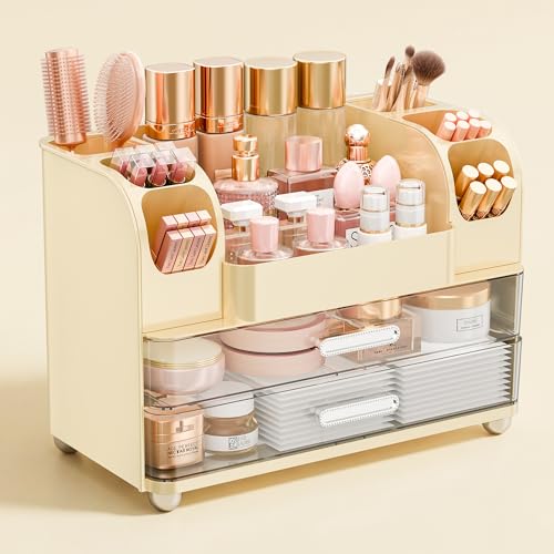 Makeup Organizer for Vanity with Brush Holder, Large Bathroom Countertop Organizer & Skincare Storage | Perfume, Cosmetics Display Case with Drawers (Cream White)