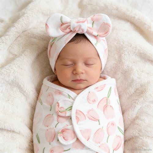 Image of Baby Swaddle Sleep Sack with Hat Set for 0-3 Months 3-Pack Soft Cotton Newborn Wearable Swaddle Wrap for Girls Boys (Pink & Heart & Tulips)