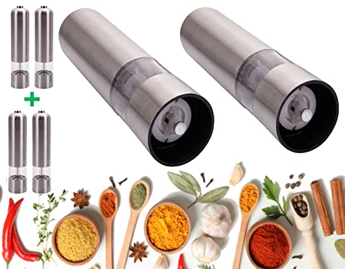 Salt and Pepper Grinder Set Automatic Pepper Salt Grinder Mills 2 pieces Battery Operate Amebee Stainless Steel Electric Mill Grinder Silver (2 Pairs)