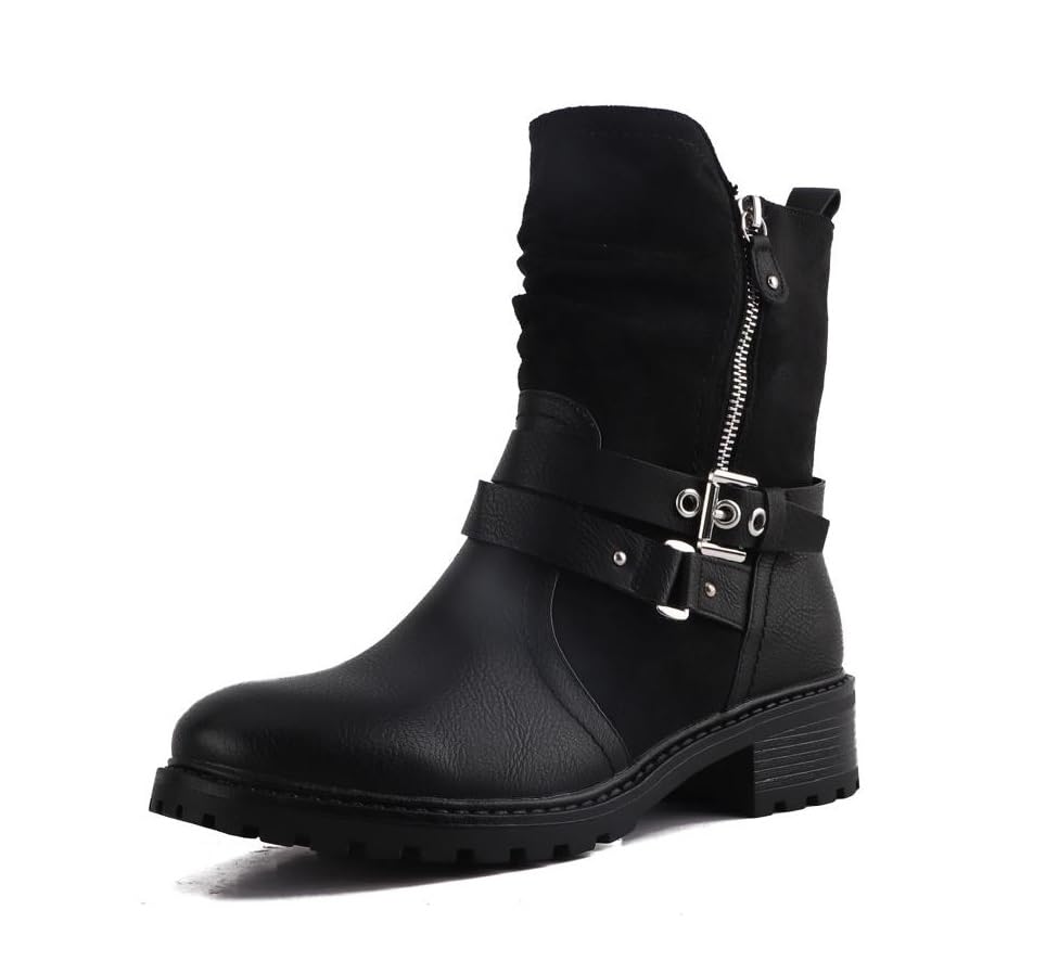 Pogolino Damen Stiefeletten Nieten Biker Boots mit Reißverschluß flach bequem Stiefel 2520 Schwarz 40