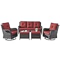 Rilyson Wicker Patio Furniture Set - 5 Piece Rattan Outdoor Sectional Conversation Sets with 2 Rocking Swivel Chairs,2 Ottomans and 1 Sofa for Porch Deck Garden(Brown/Red)