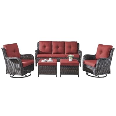 Rilyson Wicker Patio Furniture Set - 5 Piece Rattan Outdoor Sectional Conversation Sets with 2 Rocking Swivel Chairs,2 Ottomans and 1 Sofa for Porch Deck Garden(Brown/Red)