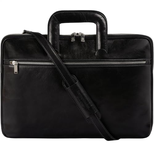 Image of Time Resistance Slim Leather Briefcase - Italian Handmade Leather Computer Bag - Briefcase for Men and Women - Laptop Bag