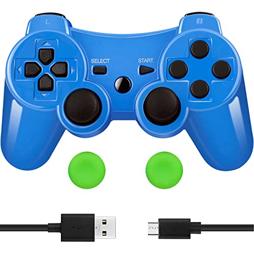 Mando inalámbrico para PS3, controlador de juego inalámbrico de doble choque Bluetooth de 6 ejes con cable de carga para mando PS3, azul