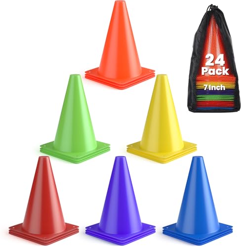 GHB 7 Inch Soccer Cones 24 Pack Disc Soccer Sport Cones Training Field Marker Agility Cones for Basketball Coaching Practice Equipment Includes Drills Guide (7 24Pcs Multicolor)