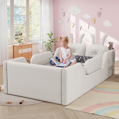 Image of Twin Size Kids Bed with Rabbit Cushions, Upholstered Boucle Fabric Platform Floor Twin Daybed with Removable Side Rail, Space-Saving Wooden Corner Sofa Couch Bed Frame for Girls, Boys, Teenager(White)