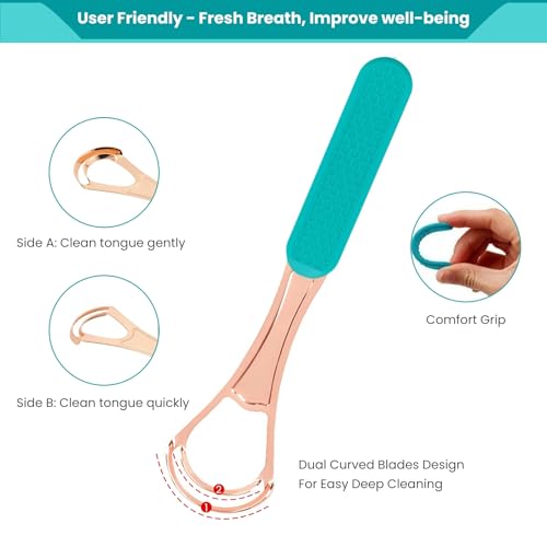 Image of 2Pcs Copper Tongue Scraper, Tongue Cleaner Set for Adults Kids, Stainless steel Wide Double Blades Oral Tongue Brush Cleaning Scrapping Sweeper for Fresh Breath and Mouth Hygiene Care with Travel Bag