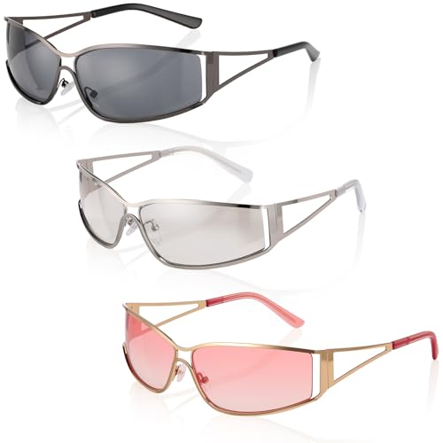 3 Pairs Y2k Sunglasses for Women Men, Fashion Metal Y2k Glasses, 2000s Rectangle Club Cool Aesthetics Eyewear