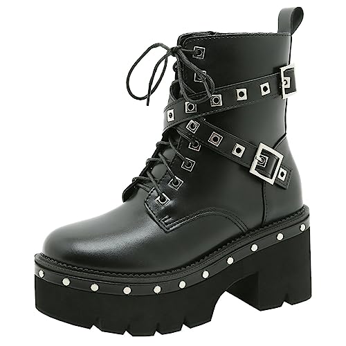 Image of Parisuit Womens Goth Patent Ankle Boots Platform Chunky Combat Boots | Lace Up, Gothic Boots, High Heel, Punk Short Booties, Buckle Boots, Chain Boots