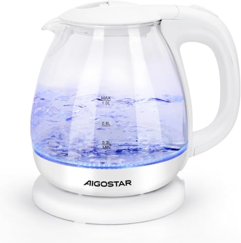 Aigostar Glas Wasserkocher, Kleiner wasserkocher glas mit led-beleuchtung, 1 Liter, 2200W, Wasserkocher Klein, Schnellkochfunktion, Abschaltautomatik Trockenschutz, BPA frei, Weiß (Weiß, 1L) Aigostar Glas Wasserkocher, Kleiner wasserkocher glas mit led-beleuchtung, 1 Liter, 2200W, Wasserkocher Klein, Schnellkochfunktion, Abschaltautomatik Trockenschutz, BPA frei, Weiß (Weiß, 1L)