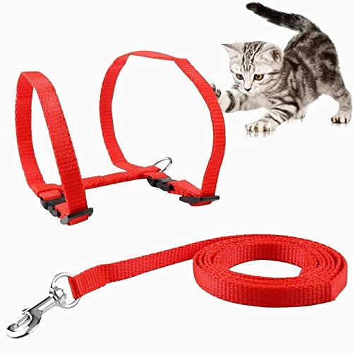 Image of Cat & Small Pet Nylon Strap Collar with Adjustable Walking Harness Leash Pet Walking for Kitten- Plain (RED)