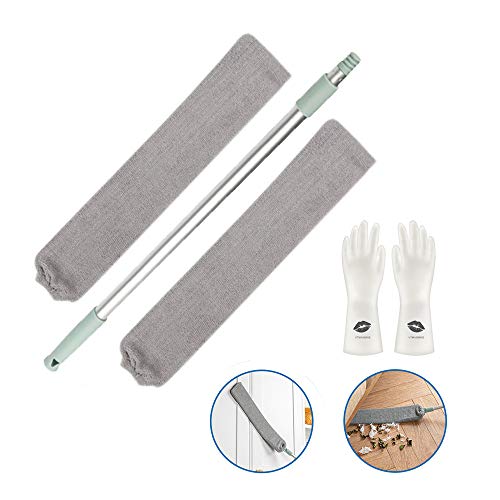 Lange Staubbürste Langstiel Staubwedel Verstellbarer Teleskop Spalt Staub Reiniger, Abnehmbare Waschbar Mikrofaser Flacher Duster mit Wasserdichte Haushaltshandschuhe für Schmutz und Haare