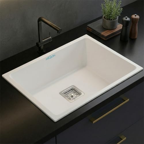 Image of ARQUIN Quartz Kitchen Sink 24x18x9 Inch White | Single Bowl Sink | Durable & Scratch-Resistant | Undermount /Topmount Including Coupling, Waste Pipe & Fruit Washing Basket