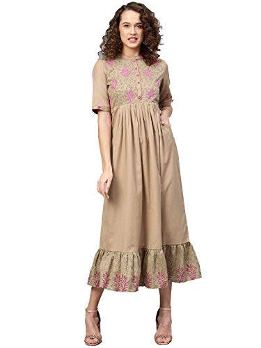 Hiral Designer Mall Women A-Line Long Tunic Top Cotton Kurti Party Wear Indian Dresses (Small-34, Beige & Red)