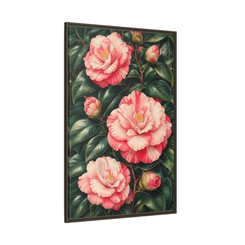 Grand tableau fleur camélia rose habillage grand mur vide salon beige