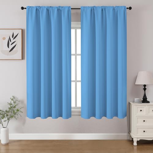 CUCRAF Light Blue Blackout Curtains 45 inch Length 2 Panels Set, Rod Pocket Room Darkening Drapes for Bedroom Living Room, Insulated Thermal Light Blocking Window Curtain (W52 x L45 Inch)