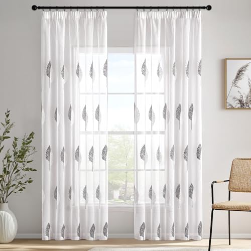 MIULEE Gardine Stickerei Blattmuster 2er Set B140 H215 Grau-Weiß | Transparente Gardine mit Stickerei Blattmuster und Kräuselband, modernes Dekor für Wohnzimmer und Schlafzimmer
